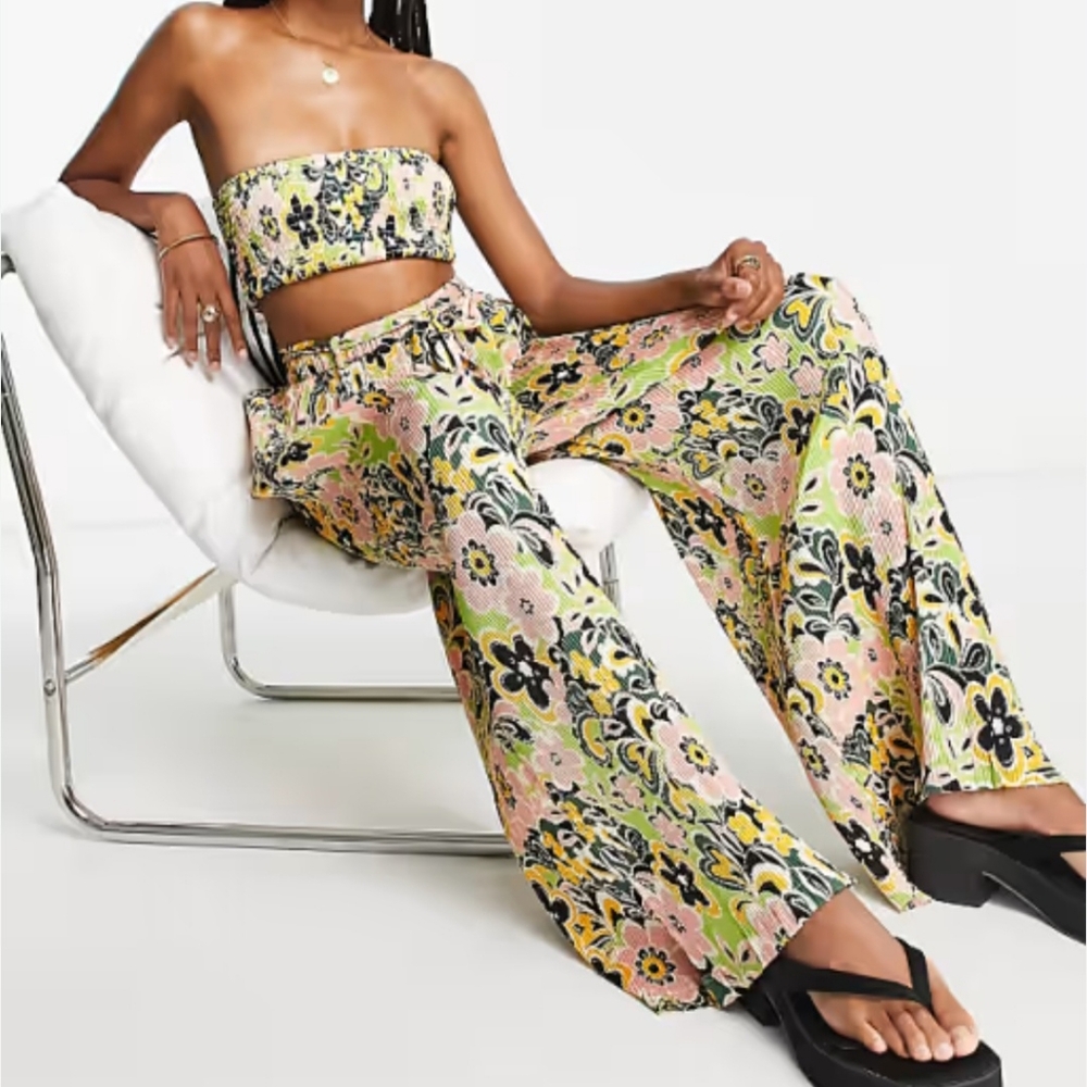 ASOS Topshop Tall 60s Floral Plisse Wide Leg Beach Pants Sz 0-2 Tall - Picture 10 of 11